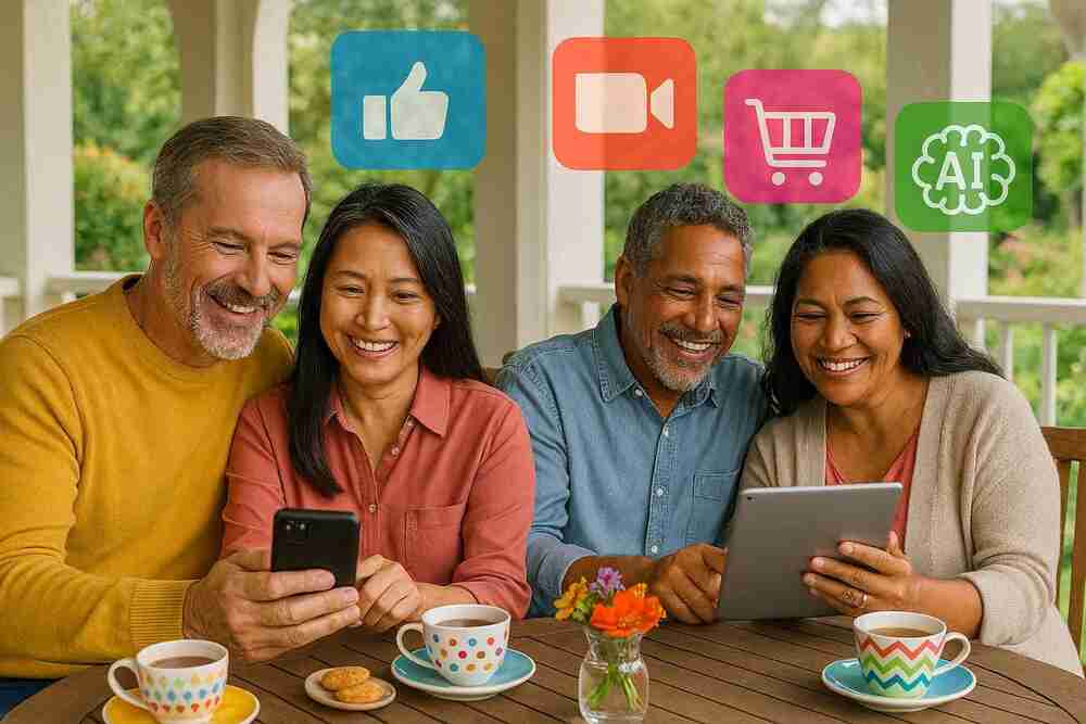 Senior utilisant une tablette pour naviguer sur internet et communiquer avec sa famille