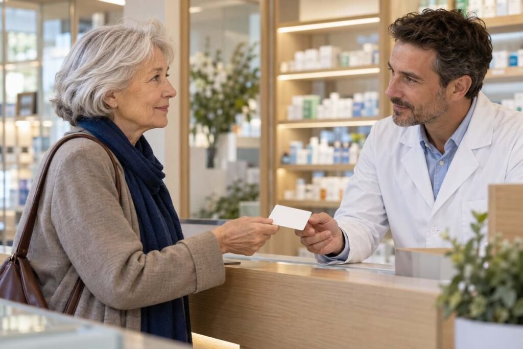 Femme de plus de 65 ans qui échange avec un pharmacien au comptoir d’une officine.