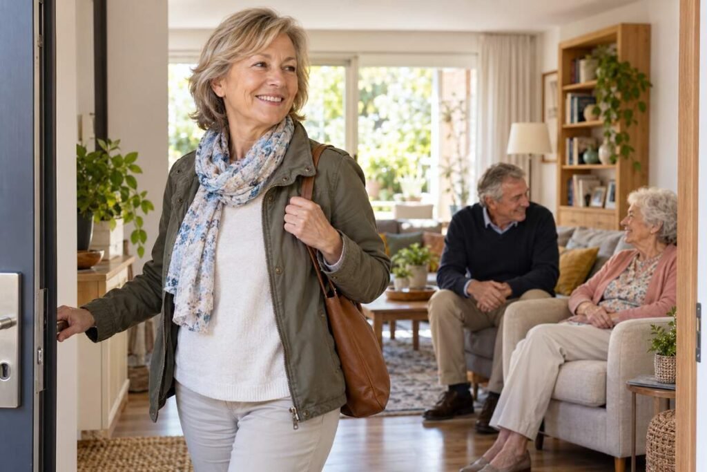 Femme d’environ 60 ans prête à sortir, tandis qu’un proche reste auprès d’une femme âgée à la maison.