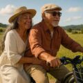 Couple de seniors élégants faisant du vélo électrique dans un paysage de campagne ensoleillé.