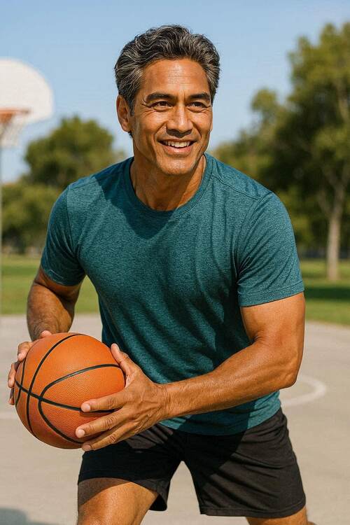 Homme polynésien souriant de 50 ans jouant au basket-ball
