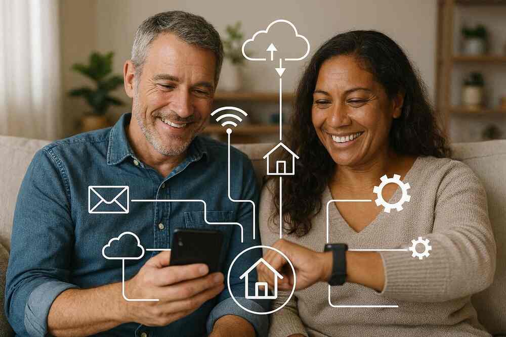 Senior utilisant une intelligence artificielle sur smartphone après 50 ans