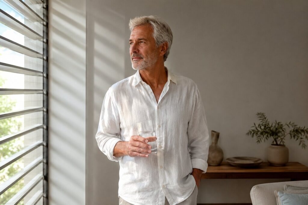 Personne de plus de 50 ans tenant un verre d’eau dans une pièce protégée de la chaleur