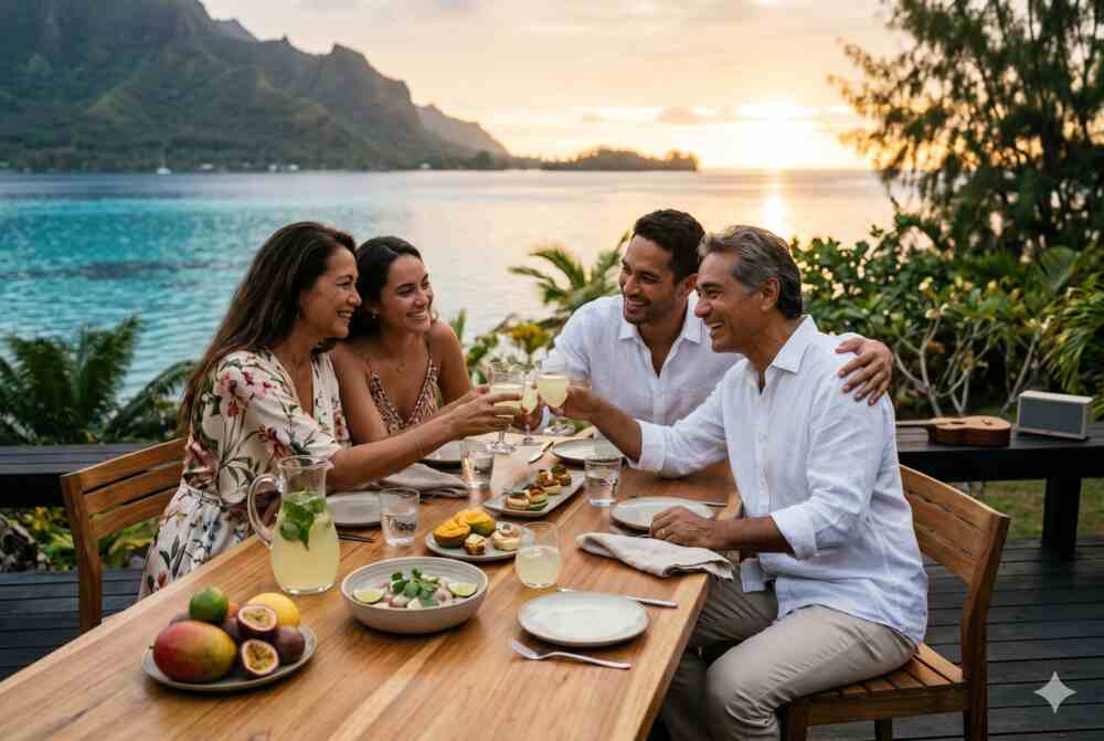 Père élégant entouré de sa famille lors d’un apéro raffiné en musique sur une terrasse à Tahiti