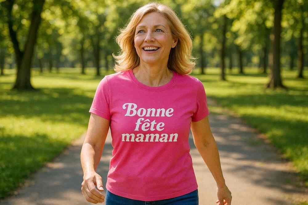 Quinquagénaire souriante marchant au soleil après la Fête des Mères pour retrouver sa vitalité après 50 ans