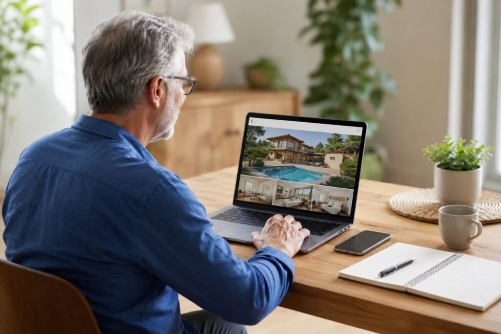 Voyageuse de plus de 50 ans qui vérifie une annonce de location sur son ordinateur