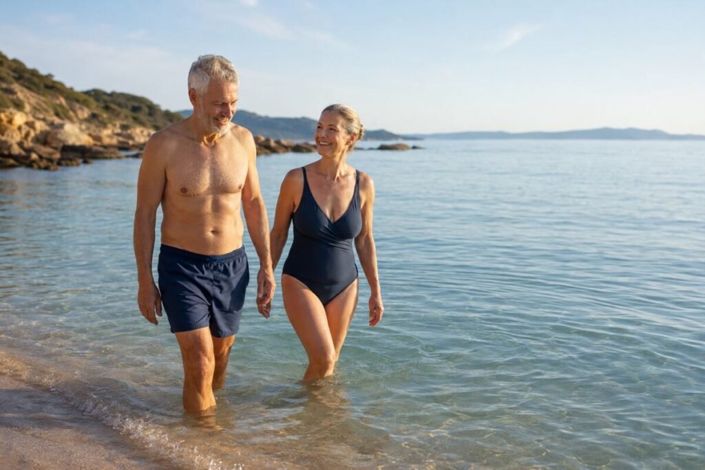 Baignade après 50 ans avec entrée progressive dans une eau calme.