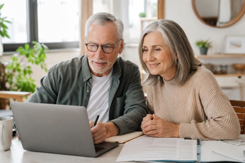 Couple d’environ 60 ans préparant une retraite progressive à la maison avec un ordinateur et des documents.