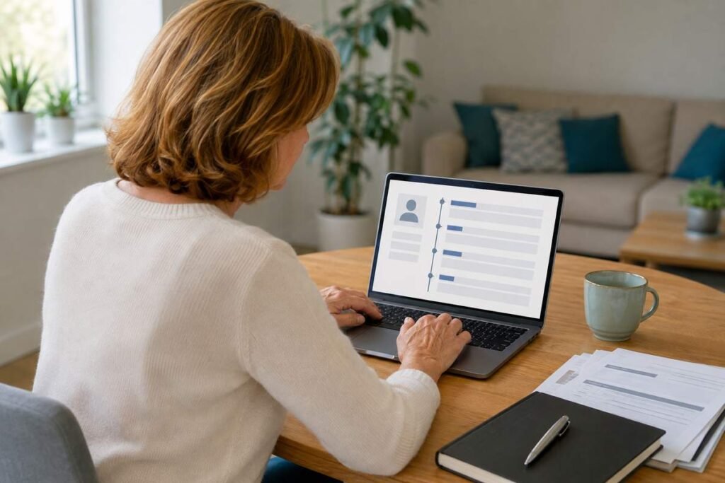 Personne proche de la retraite qui consulte son relevé de carrière sur un ordinateur
