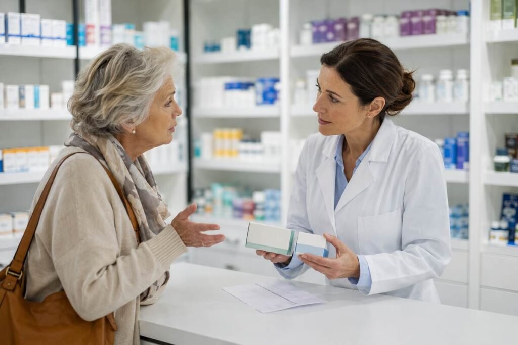 Une pharmacienne explique les médicaments hybrides et biosimilaires à une patiente de plus de 65 ans.