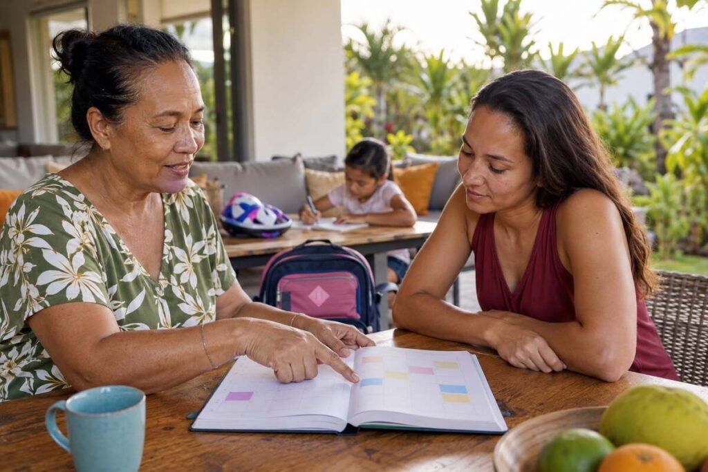 Grand-parent et parent organisant les sorties d’école autour d’un agenda