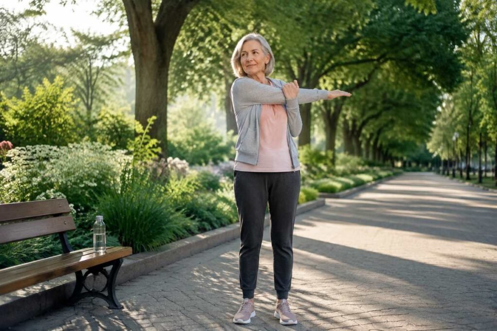 Femme de plus de 65 ans qui s’échauffe avant une marche douce sur une promenade ombragée.