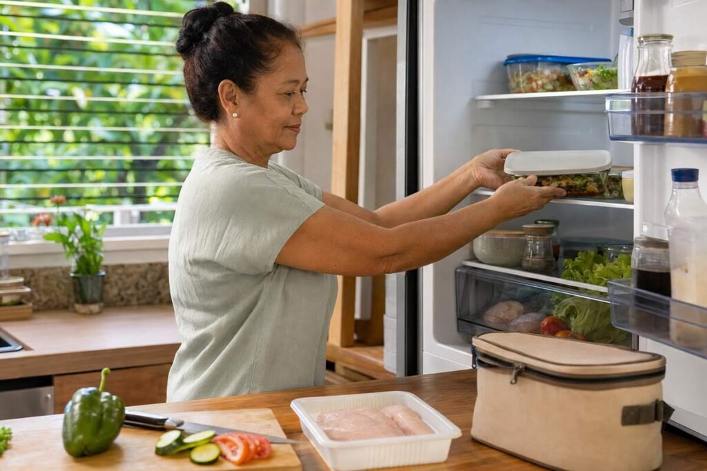 Personne de plus de 50 ans rangeant un plat au frais pour prévenir la salmonellose en Polynésie