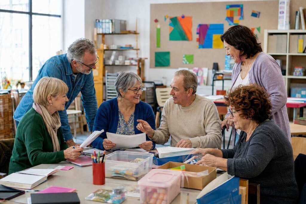 Bénévolat après 50 ans : plusieurs bénévoles échangent lors d’une activité associative à la rentrée.