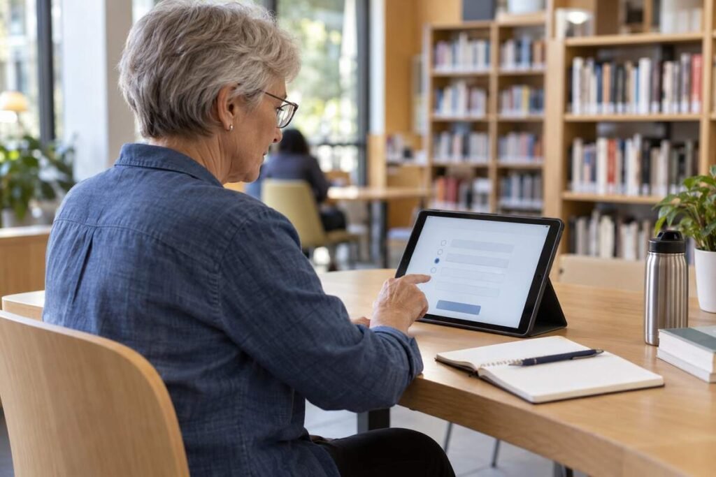 Femme de plus de 60 ans face à un questionnaire sur une tablette en médiathèque.