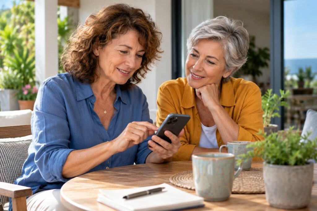 Femme de plus de 60 ans qui utilise son smartphone sur une terrasse, avec une amie assise à ses côtés.