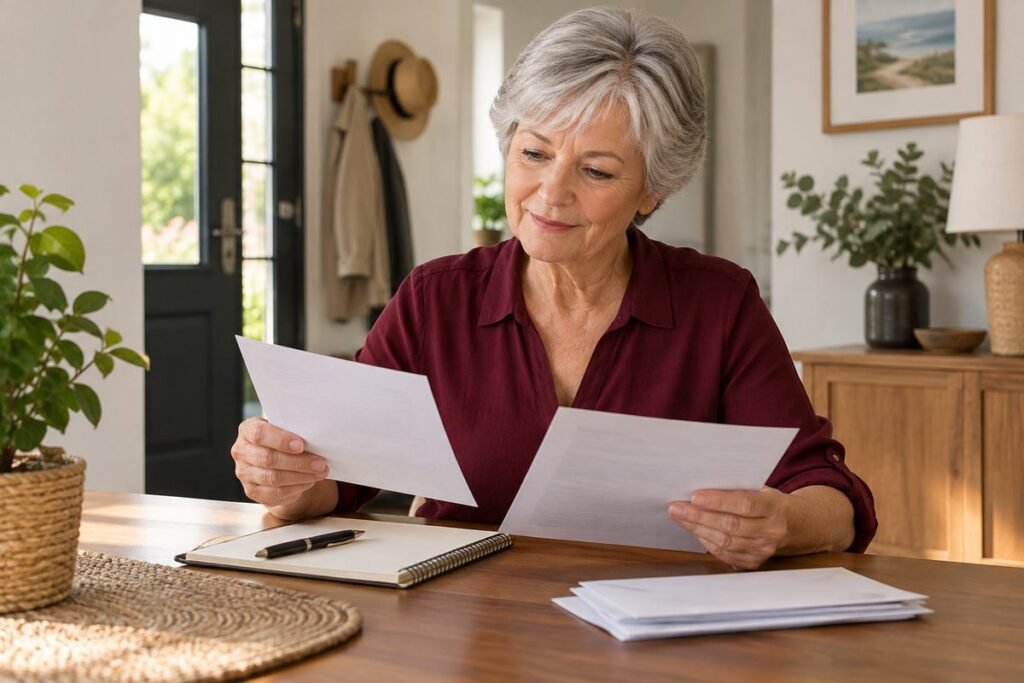 Taxe foncière 2026 : une femme aux cheveux argentés compare deux courriers à une table en bois, avec un carnet à proximité.