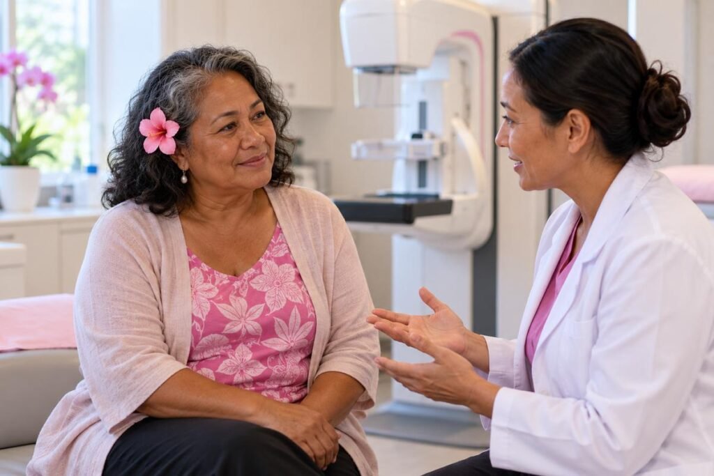 Femme de plus de 60 ans qui échange avec une professionnelle de radiologie avant une mammographie.