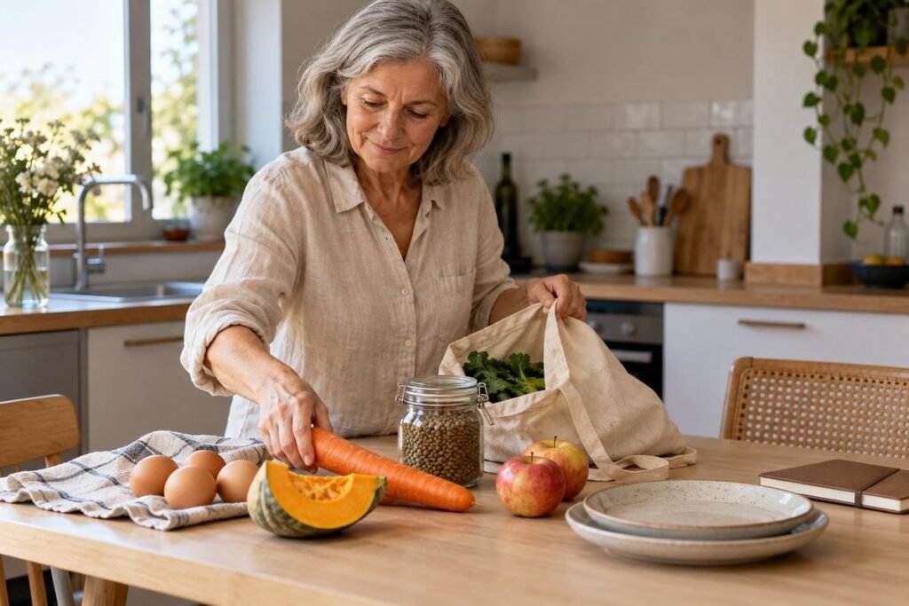 Femme aux cheveux gris qui dispose des aliments sur une table, avec des œufs, un bocal de lentilles, des légumes et deux pommes.