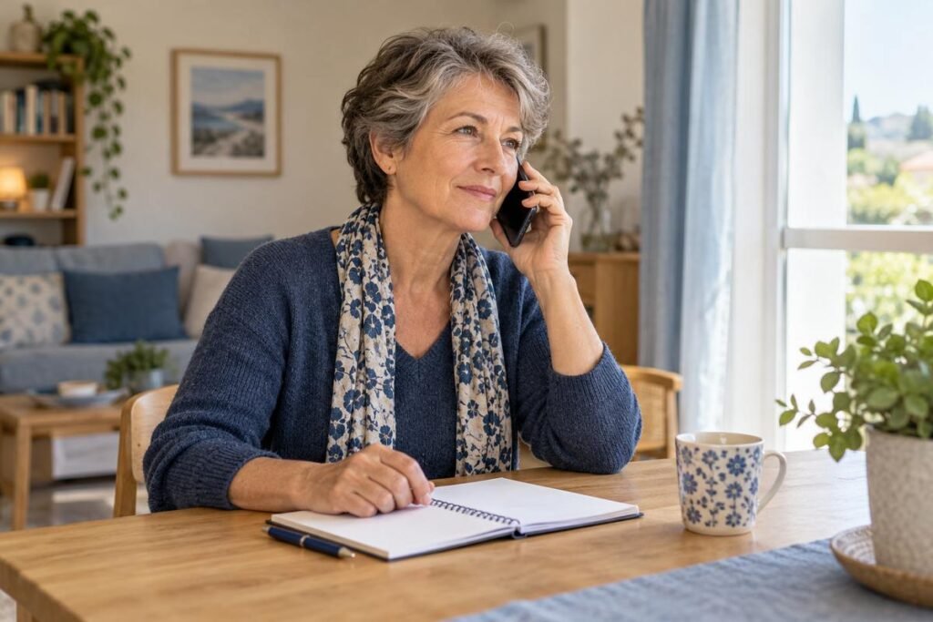 Femme d’environ 60 ans au téléphone, près d’un carnet ouvert sur une table.